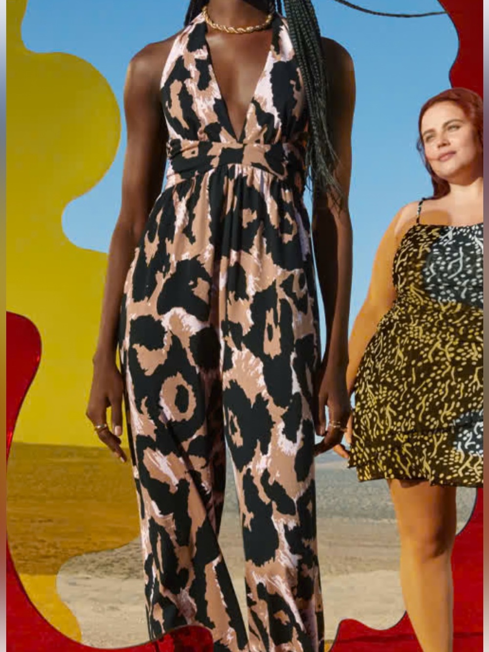 Diane Von Furstenberg x Target Black and Tan Leopard-Print Halter Jumpsuit